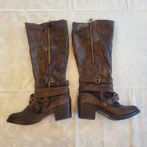 Rampage Women's Sibir Zipper Strappy Buckle Knee-High Riding Boot Brown